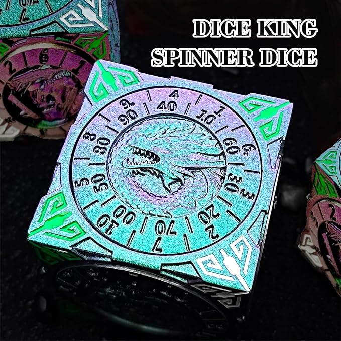 Spinner Dice 7-in-1 Metal DND Set – Premium Copper RPG Dice with 3D Monster Reliefs, Gyro Spinner & Collector’s Box for D&D,Chameleon Purple