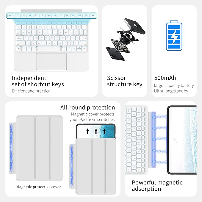 iPad Pro 13 Inch Case 2024 with Keyboard, Magnetic Detachable Keyboard Case for iPad Pro 13 Inch (M4, 2024) with 7 Colors Backlight, Multi-Touch Trackpad, Portrait/Landscape Mode (White)