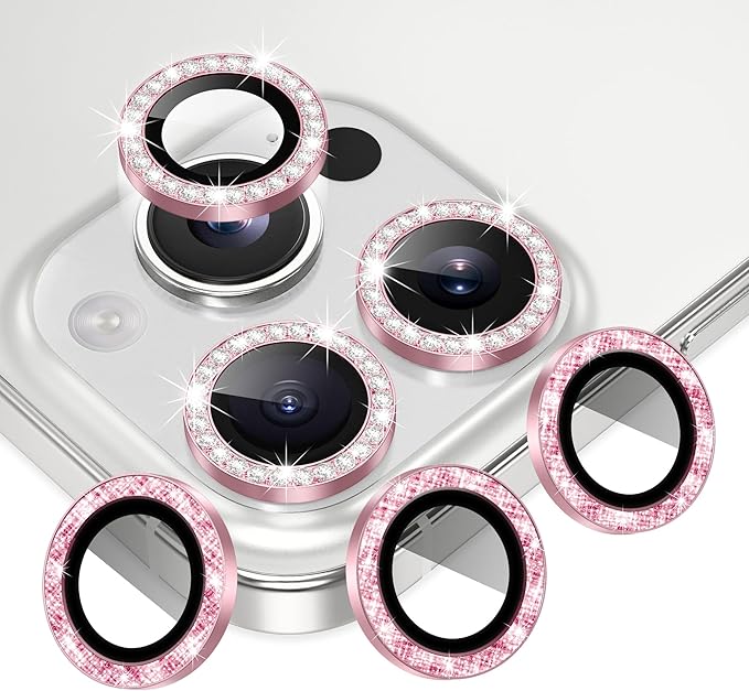 AGVEE 3+3 6 Pack for iPhone 16 Pro 6.3" / 16 Pro Max 6.9" Camera Lens Cover Protector, Bling Diamond & Bling Glitter Metal Ring 9H Tempered HD Glass Camera Cover Protector Film, Bling-Pink