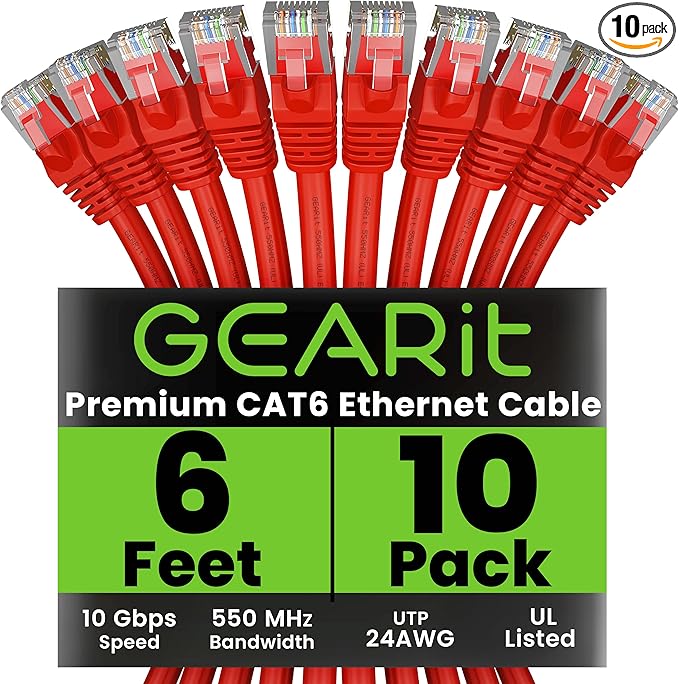GearIT Cat 6 Ethernet Cable (10-Pack 6 Feet) Cat6 Network Patch, 10Gbps, RJ45, Snagless Cord, Gold-Plated Connectors, Internet for PC, TV, Tablet, Router, Printer, Servers, IT Data Center - Red