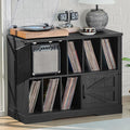 Large Record Player Stand with Vinyl Storage Up to 450 Albums, 39 Inch Farmhouse Wood Black Vinyl Records Storage Cabinet with Barn Doors, Mid-Century Modern Turntable Stand for Living Room