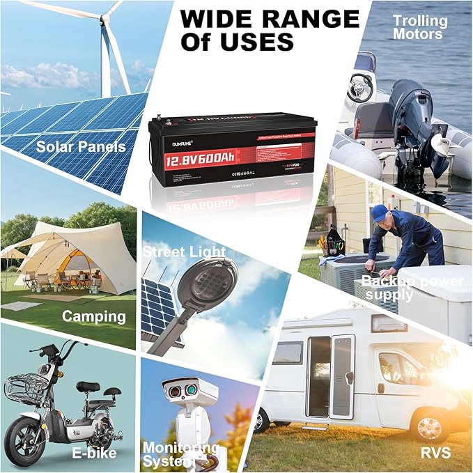 12V 600Ah LiFePO4 Lithium Battery Built-in 200A BMS 10000+ Deep Cycle 7200Wh Deep Cycle Lithium Iron Phosphate Battery Perfect for RV, Solar System, Off Grid, Home Energy Storage