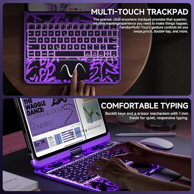 Transparent Case with Keyboard for iPad 9th (7th, 8th, and 9th Gen)10.2 Inch ,with 7-Color Backlit Wireless Keyboard,360°Rotatable Protective Case Multi-Touch Trackpad,with Pencil Holder,Purple