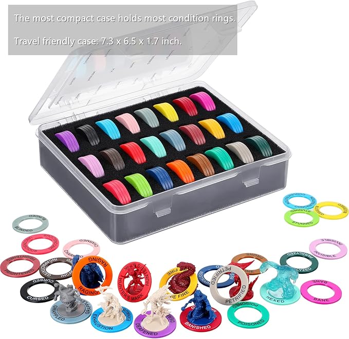Upgraded ALIZERO DND Miniatures Condition Rings - 96 D&D Status Effect Markers in 24 Frequently Used Conditions - Pathfinder and Dungeons & Dragons Accessories - Premium Storage Box with Foam Padding