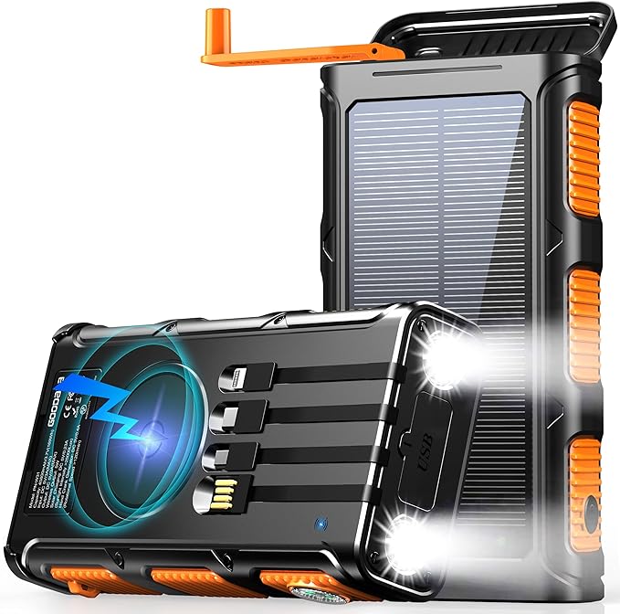 GOODaaa Power Bank Wireless Charger 45800mAh Built in Hand Crank and 4 Cables 15W Fast Charging Power Bank 7 Outputs & 4 Inputs Solar Portable Charger, SOS/Strobe/Strong Flashlights, Compass
