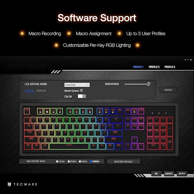 TECWARE Phantom+ 87 Key Mechanical Gaming Keyboard, RGB led, TKL 75% Keyboard, Thocky Sounding, Wraith Brown Switch