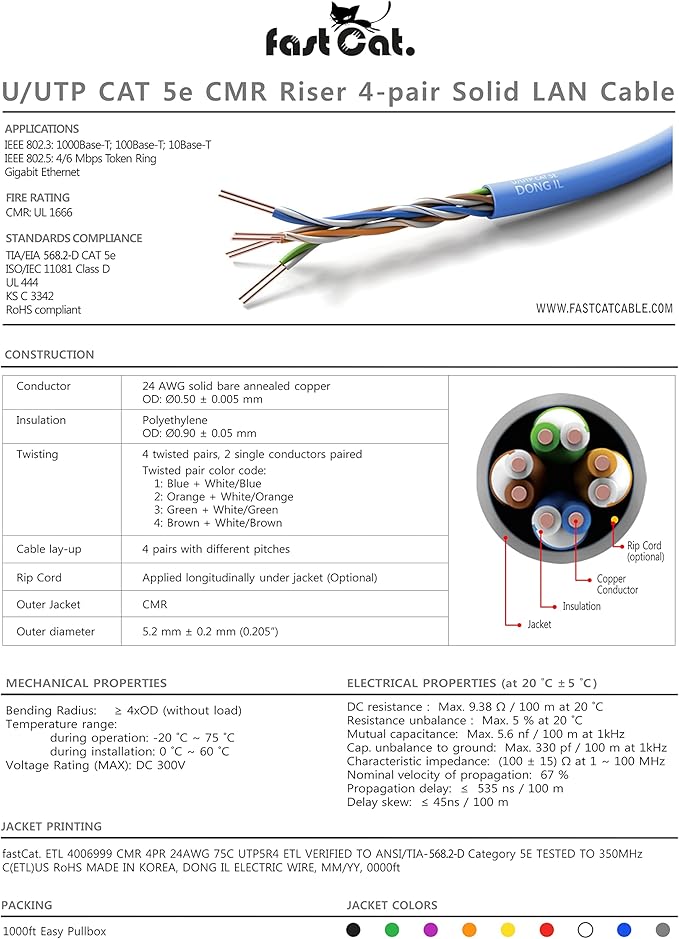 fast Cat. Cat5e Ethernet Cable 1000ft - 24 AWG, CMR, Insulated Bare Copper Wire Cat 5 ethernet Cable with FastReel - 350MHZ / Gigabit Speed UTP Cable Cat5e - CMR (Yellow)