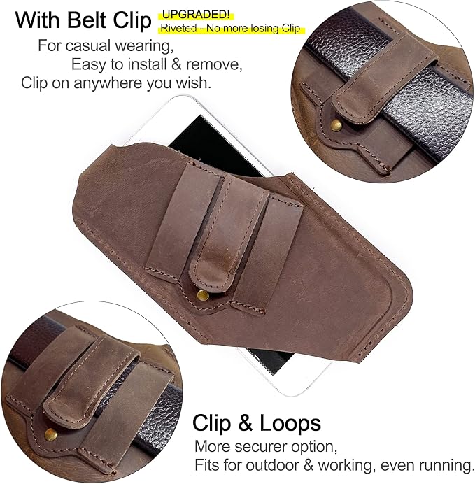 TobbinGear Leather Cell Phone Holster with Belt Clip, Universal Phone Holster for Men Belt Holder, Leather Case for iPhone, Samsung Galaxy Phones, Dark Brown, Large