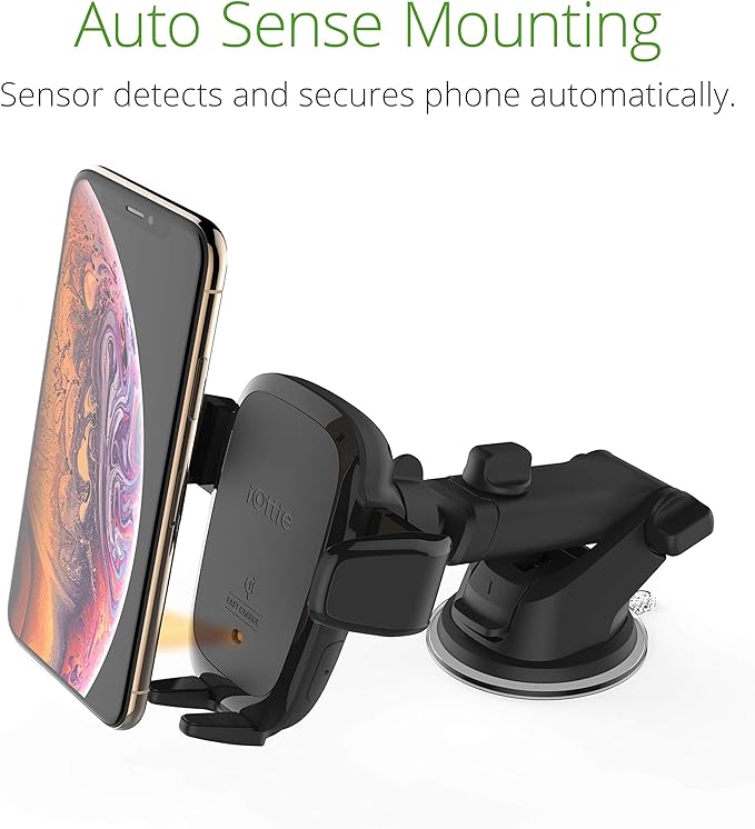 iOttie Auto Sense Qi Wireless Car Charger - Automatic Clamping Dashboard Phone Mount with Wireless Charging for Google Pixel, iPhone, Samsung Galaxy, Huawei, LG, and other Smartphones.