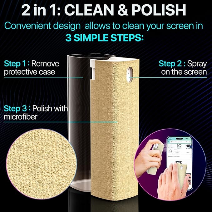 Mini Screen Cleaner Spray – Finger Proof Screen Cleaner for Smartphones, iPads, MacBooks, Laptops, Car Screens, Touchscreens – 3in1 Mist Cleaner, Microfiber Cloth and Cover (Navy Blue)