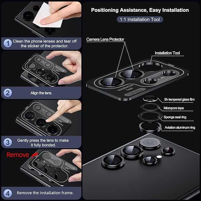 WSKEN for Samsung Galaxy S24 Ultra Camera Lens Protector, Ultra Thin Scratch Resistant 9H Tempered Glass with Aluminum Metal Circle Camera Screen Protector Cover Accessories, Black