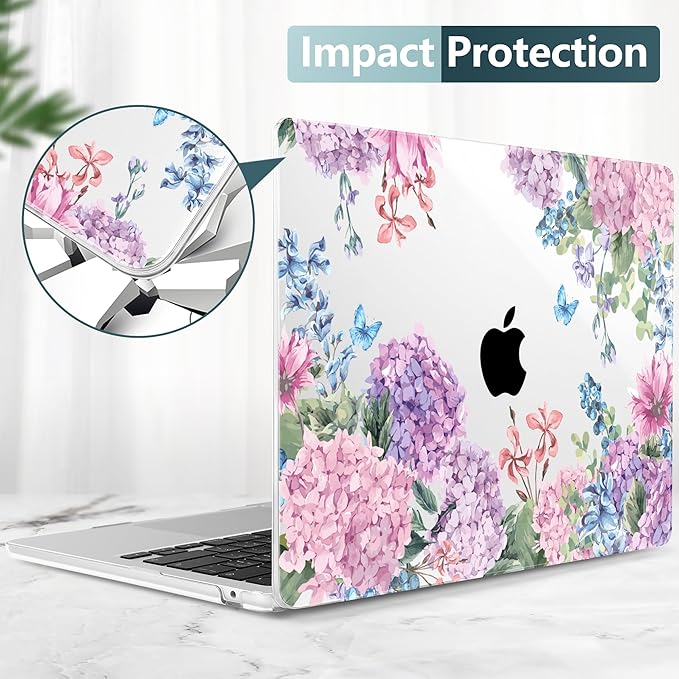 TWOLSKOO for M4 MacBook Air 13.6 inch Case 2025-2022 Release M4 A3240 M3 A3113 M2 A2681, Plastic Hard Shell & Screen Protector & Keyboard Cover & Trackpad Film, Colorful Hydrangea