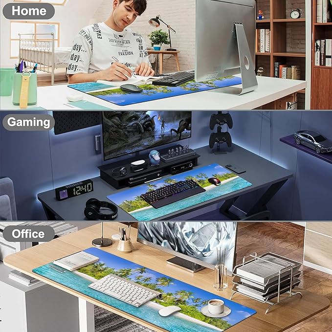 Tropical Nature Landscape Desk Mat,Large Summer Beach Seawater and Palm Trees Gaming Keyboard Mouse Pad,Non-Slip Rubber Base Desk Pad Thick Stitched Edges Waterproof Mousepad Mouse Mat 31.5"x11.8"