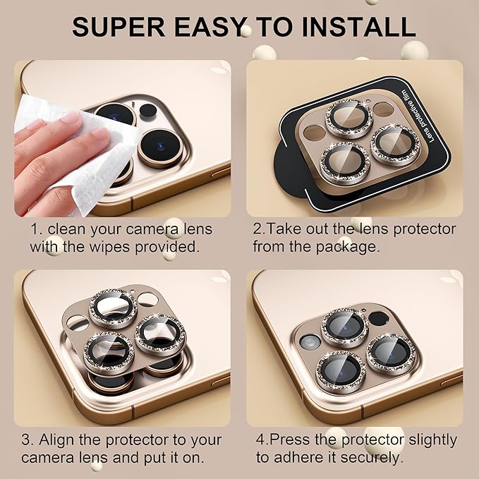 beuxece Compatible for iPhone 16 Pro/iPhone 16 Pro Max Camera Lens Protector, Bling Metal Tempered Glass Camera Screen Cover [Strong Adsorption][Case-Friendly]- Glitter Deep Titanium Desert