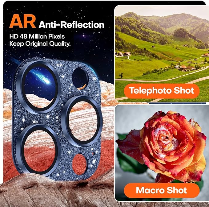 Camera Lens Protector for iPhone 16 Pro Max/16 Pro/15 Pro Max/15 Pro/14 Pro Max/14 Pro, Aluminum Alloy Sapphire Glass Camera Screen Cover, Case Friendly- Glitter Blue