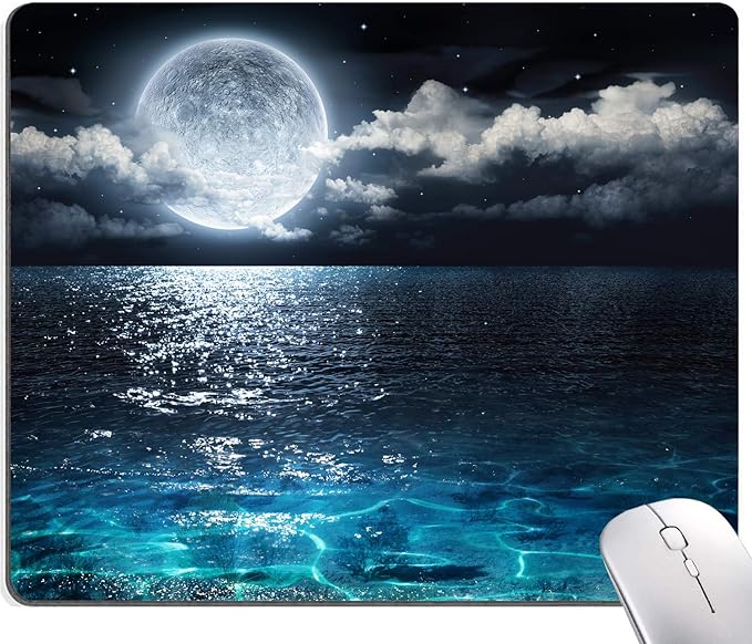 Moon Illuminating The Clear Blue Ocean Design Mouse Pad, Mouse Mat Square Waterproof Non-Slip Rubber Base MousePads for Computer Laptop Men Women Kids
