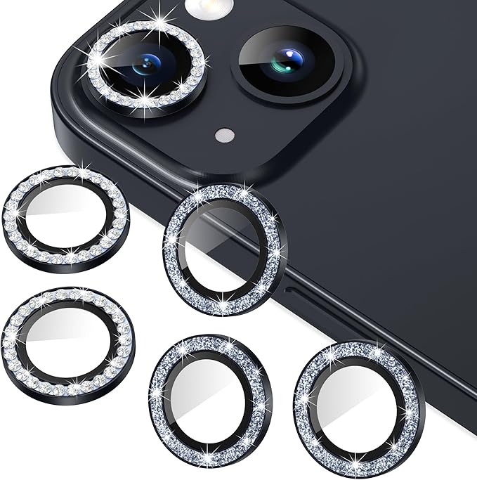 AGVEE 3+3 for iPhone 14 6.1" / 14 Plus 6.7" Camera Lens Protector, Bling Diamond & Bling Glitter Metal Ring 9H Tempered HD Glass Camera Protector Cover Film, Bling-Black