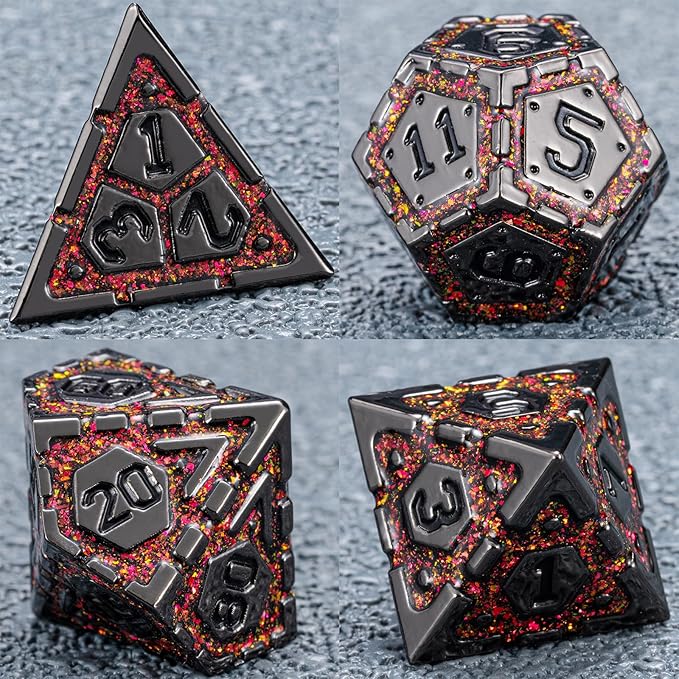 DND Metal Dice Set, Polyhedral Dice Set for RPG D&D Dice with Cracks Dungeons and Dragons Dice Set for RPG TTRPG D&D Die with Gift Case(Black Nickel Red)