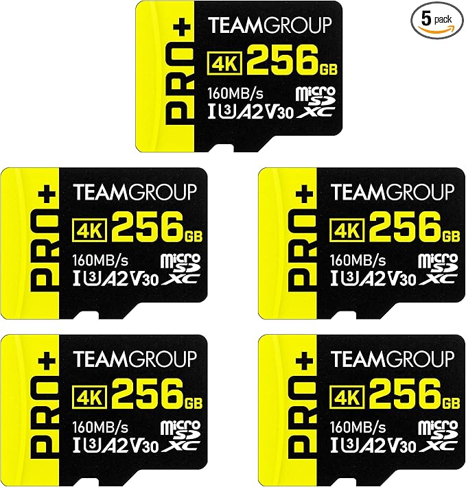 TEAMGROUP A2 Pro Plus Card 256GB x 5 Pack Micro SDXC UHS-I U3 A2 V30, R/W up to 160/110 MB/s for Nintendo-Switch, Gaming Devices, Tablets, Smartphones, 4K Shooting, with Adapter TPPMSDX256GIA2V3063