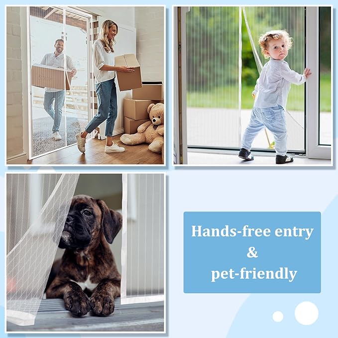 Magnetic Screen Door - Self Sealing, Heavy Duty, Hands Free Mesh Partition Keeps Bugs Out Let Breeze in- Pet and Kid Friendly - Keep Open Feature (White, Fit Door Size 38 x 80 Inch)
