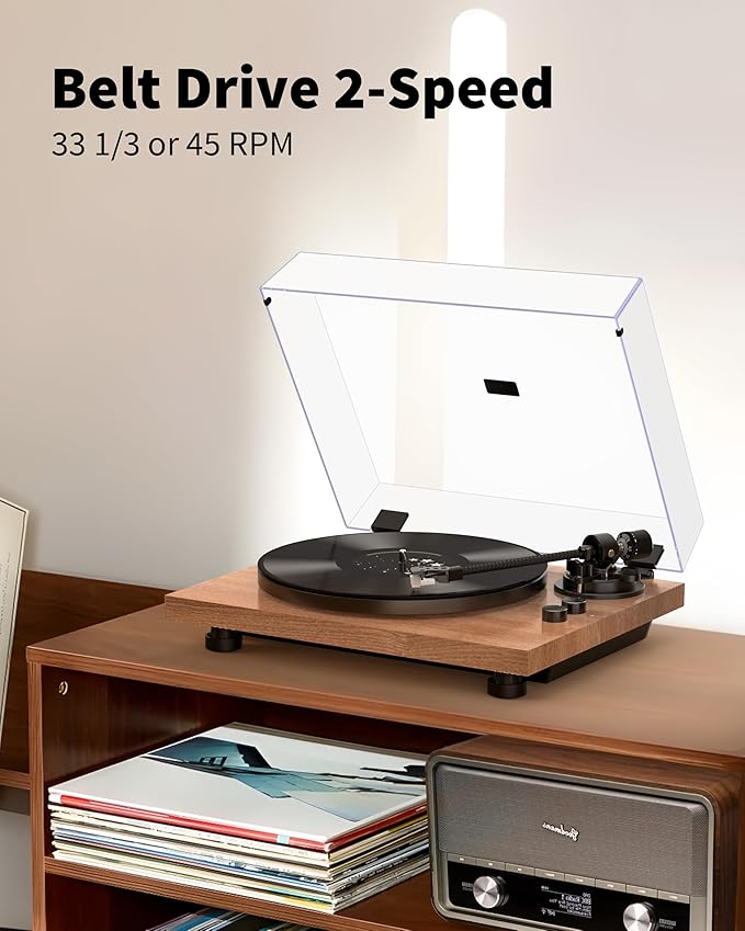 Turntable Vinyl Record Player Support Bluetooth Output Phono/Line Switch Pitch Control with Pre-Installed Counterweight & Magnetic Cartridge, Belt Drive 2 Speed