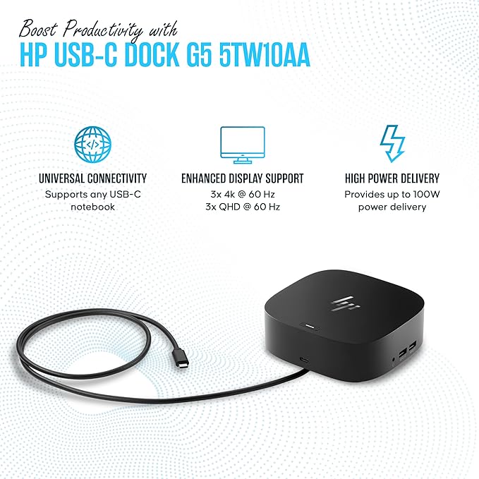 Docking Station for Laptop Dual Monitor and Charging, 5TW10AA / 5TW10UT / 5TW10AA#ABB USB-C G5 Dock with 120W + HDMI Cable + DisplayPort Cable