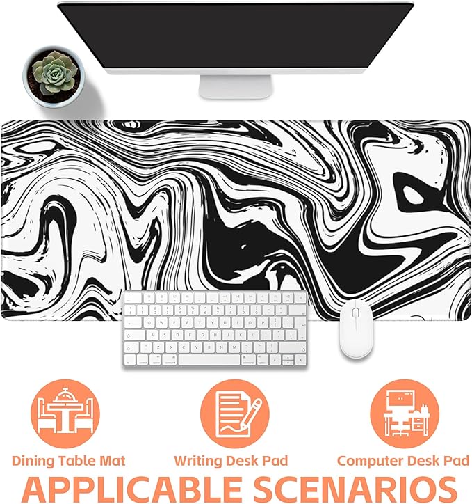 Mouse Pad Large Black and White Fluid Non-Slip Gaming Desk Mat with Stitched Edge Laptop Keyboard Desk Pad for Work Home Gaming (35.4 x 15.7 Inches)