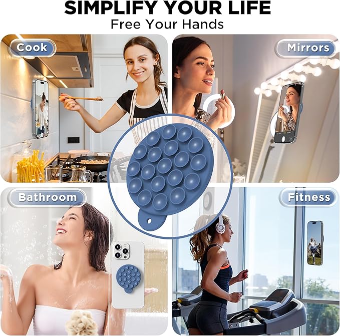 Magnetic Suction Cup Phone Mount for MagSafe Case, Silicone Hands-Free Grip Holder for iPhone and Android, Mirror Shower Phone Stand for Makeup FaceTime Gym Kitchen Bathroom, Azure Blue