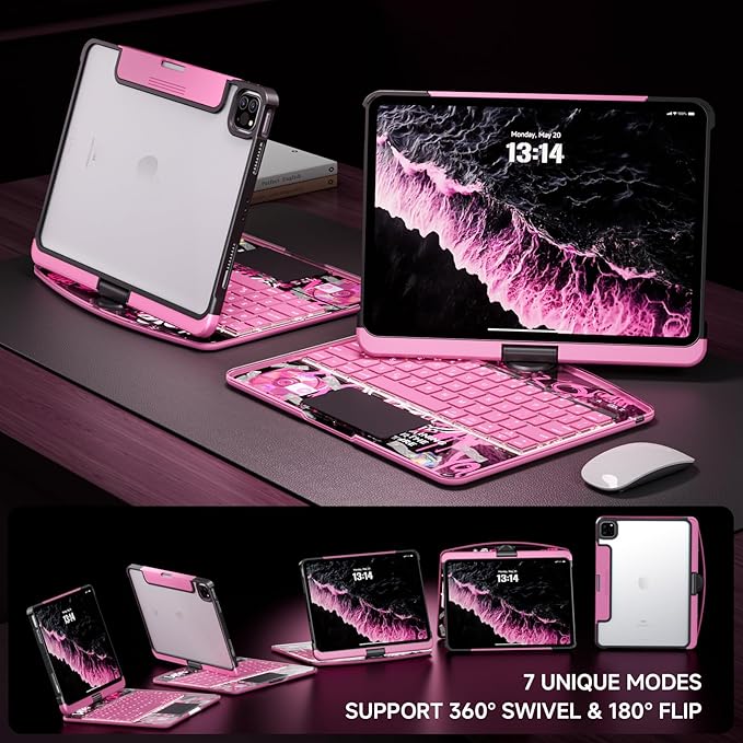 Transparent Case with Keyboard for iPad Air 13 Inch (M3/M2, 2025/2024), iPad Pro 12.9 Inch (6/5/4/3 Gen),7-Color Backlit,Magic Wireless Keyboard, 360°Rotating,with trackpad,Pencil Holder,Pink
