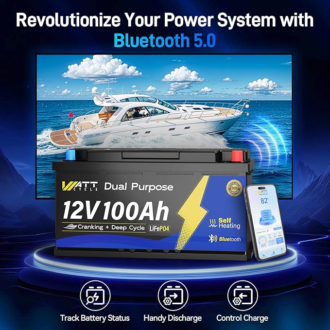 12V 100Ah Bluetooth LiFePO4 Battery, [Cranking &Deep Cycle] Lithium Battery with Self-Heating, Built-in 200A BMS, Perfect for Trolling Motor, RV, Marine, Boat(4 Pack)