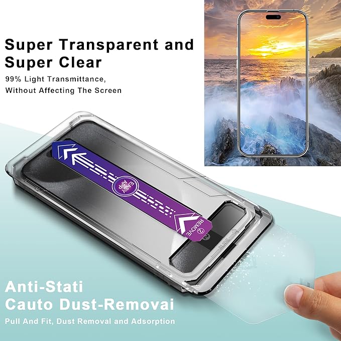 2 Pack Screen Protector Tempered Glass for iPhone 16 for iPhone 15 for iPhone 14 Pro 6.1-Inch Auto Dust Removal, No Bubbles, High Definition Clear, Easy Installation