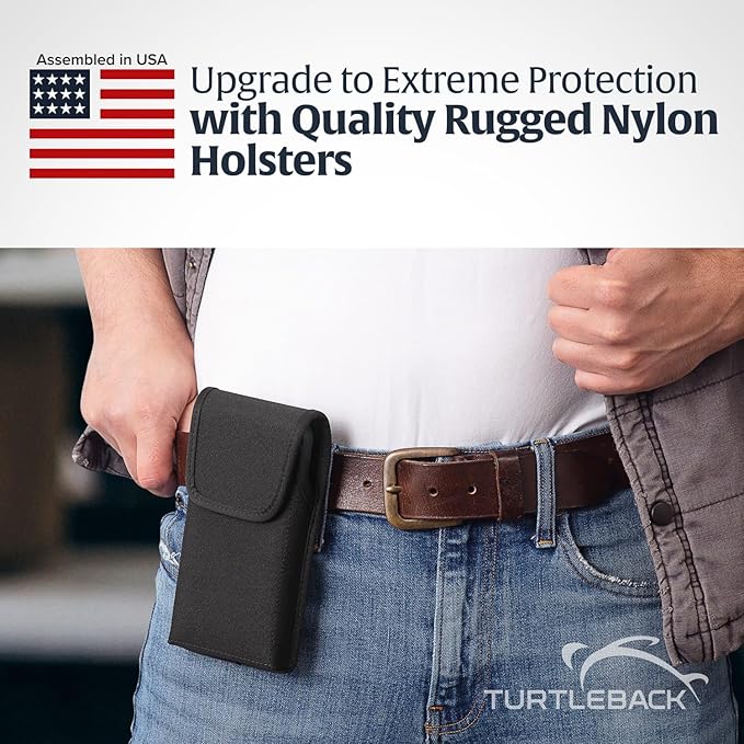 Turtleback Belt Clip for iPhone 16 Pro, 16e, 15 pro 14 Pro 13 Pro -Large- Fits w/Defender Bulky Style Cases - Premium Black Nylon, Vertical Belt Holder, Magnetic Closure HD Rotating Belt Clip