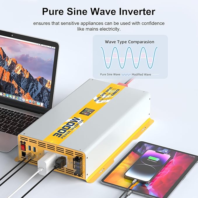 XWJNE 3000W Pure Sine Wave Power Inverter 12V DC to 120V GFCI AC Converter with LCD Display and Remote for Home, RV, Truck, Off-Grid Solar Power