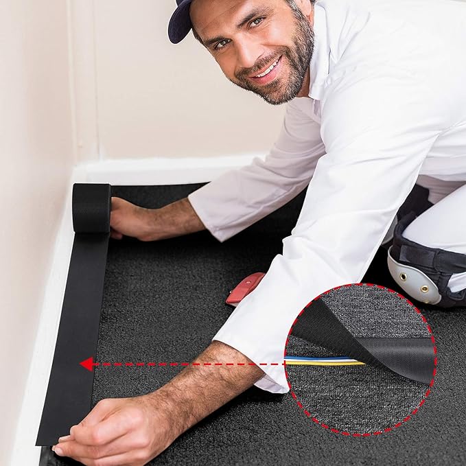 Cable Floor Strip Cord Cover Grip Floor Cable Protector Carpet Cable Management, Hold Cords in Place, Keep Cables Organized, Protect Cords and Prevent a Trip Hazard, 3 Inch x 10 Feet (10 Feet, Black)