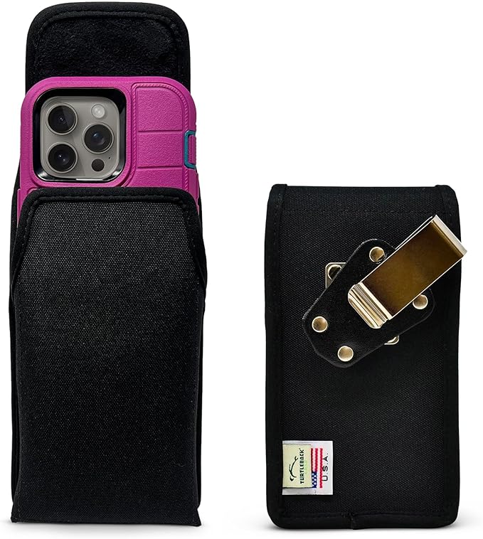 Turtleback Belt Clip for iPhone 16 Pro, 16e, 15 pro 14 Pro 13 Pro -Large- Fits w/Defender Bulky Style Cases - Premium Black Nylon, Vertical Belt Holder, Magnetic Closure HD Rotating Belt Clip