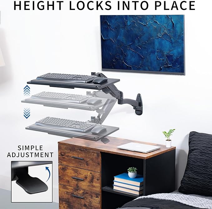 VIVO Sit-Stand 24 Inch Pneumatic Spring Keyboard and Mouse Tray Wall Mount, Counterbalance Height Adjustable Typing Platform, Ergonomic Tilt, Black, MOUNT-KB35B
