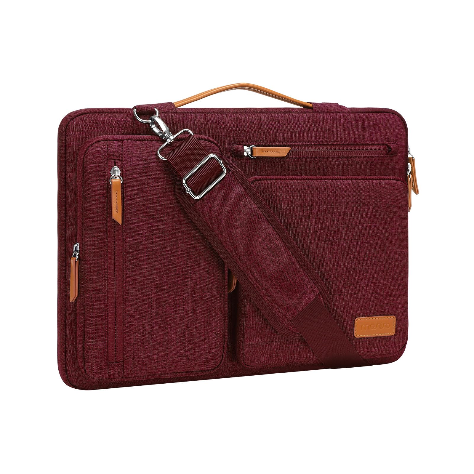 MOSISO 360 Protective Laptop Shoulder Bag,15-15.6 inch Computer Bags Compatible with MacBook Pro 16 inch, HP, Dell, Lenovo, Asus Notebook,Side Open Messenger Bag with 4 Zipper Pockets, Wine Red