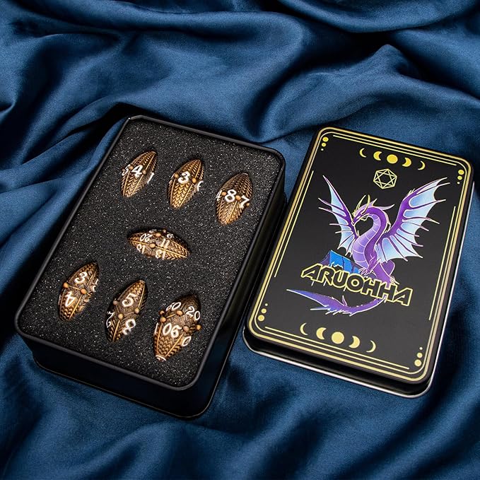 ARUOHHA DND Metal Dice Antique Gold Dragon Egg Dice with Metal Box, Role Playing Game RPG Polyhedral D and D Dice Set D20 D12 D10 D8 D6 D4