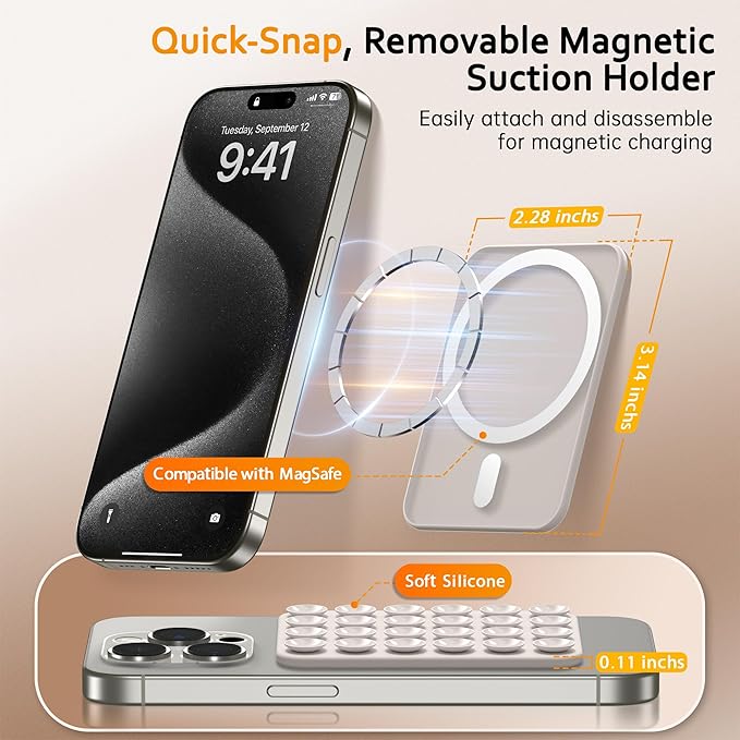 GONEZ Magnetic Suction Cup Phone Mount for MagSafe Case, Removable Silicone Sticky Grip for iPhone 12/13/14/15/16, Hands-Free Selfies and Videos for TikTok & Instagram Influencer/Creator, Stone