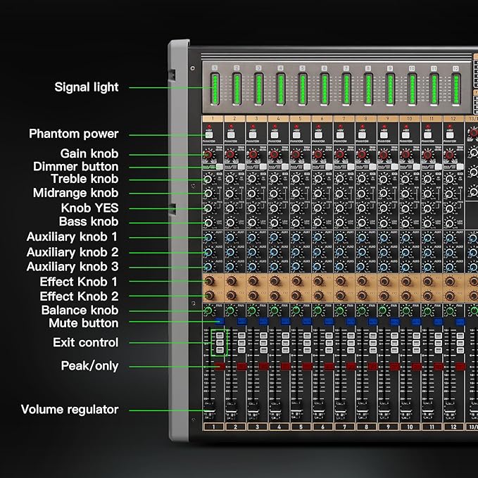 Professional Audio Mixer, 24 Channel Sound Board Mixing Console, Dual DSP Reverb, Dual 7-Band EQ, 48V Phantom Power, 4 Group Stereo Output Input, Mixer for Church