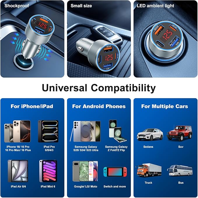 iPhone Fast Car Charger, 65W 4-Port USB C Car Phone Charger Adapter with 2x6FT USB C Cable, Multi Port Cigarette Lighter USB Charger with Voltage Display for iPhone 16 15 Pro Max,iPad,Samsung, Android