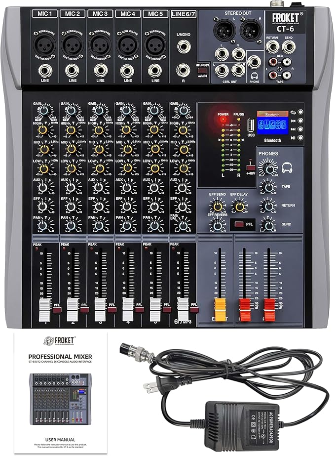 Professional Audio Mixer Sound Board 6 Channel Audio Desk System Interface Digital DJ Console with Bluetooth USB Sound Audio Mixing Console for Karaoke Studio Party Recording Broadcast (CT-6)