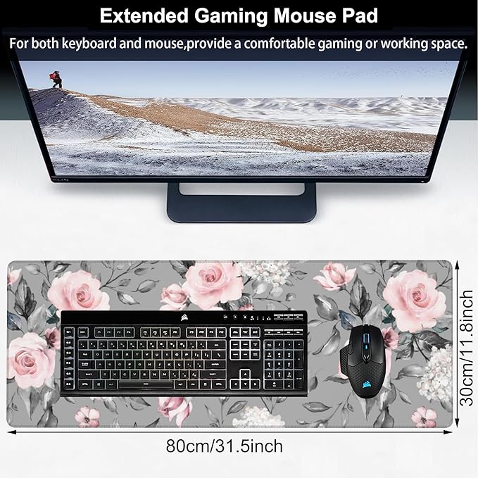Pink Roses Desk Mat,Large Spring Blooming Flowers and Leaves Gaming Keyboard Mouse Pad,Non-Slip Rubber Base Desk Pad Thick Stitched Edges Waterproof Mousepad Mouse Mat 31.5"x11.8"