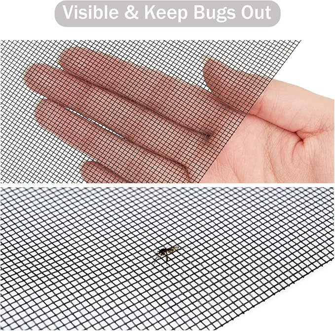 Window Screen Replacement Kit, 59'' x 106'' Fiberglass Screen Mesh with Rolling Tool and Screen Retainer Spline, DIY Adjustable Screen Door Mesh for Window, Door and Patio, Black