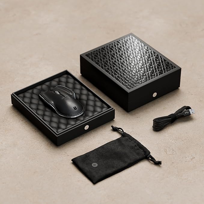 LUNAR ARTEFACTS Ambidextrous Rechargeable Bluetooth Wireless Computer Mouse Black French Leather and Aluminum, Qi Enabled USB-C