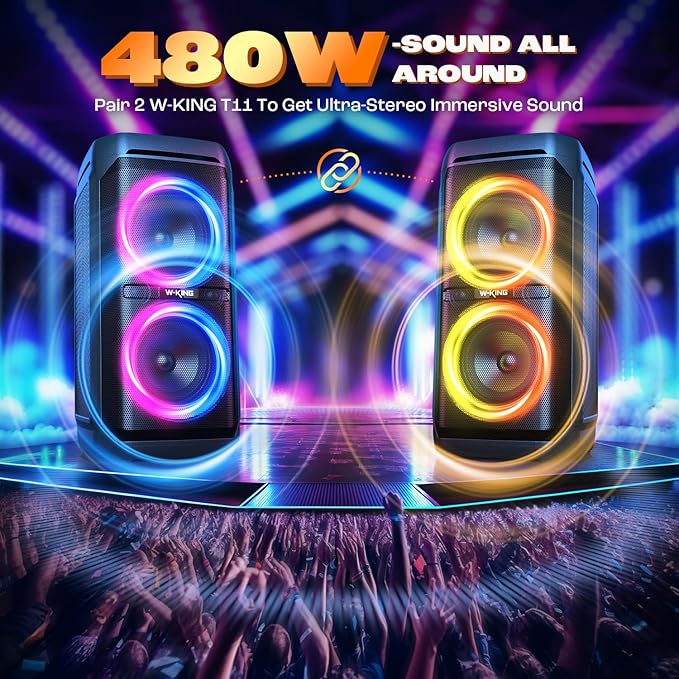 W-KING Large Bluetooth Speaker, 240W Peak Loud Boom Box 2×5.25" Subwoofers & 115dB Deep Bass, IPX6 Waterproof, Wireless Speakers, 24H, For Outdoor Party, Mic&Guitar Input, RGB Lights,Echo, EQ, TF, AUX