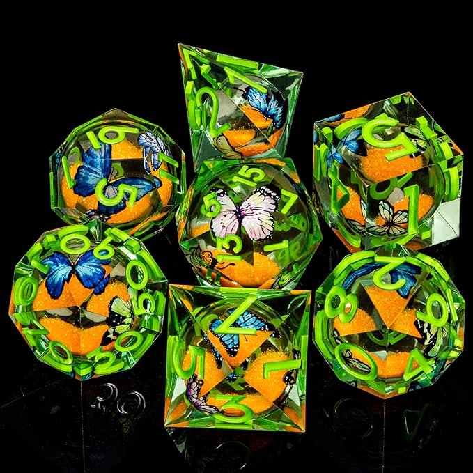 Butterfly DND Dice Green Liquid Core Dice Set with Metal Box, Handmade Sharp Edge D and D Polyhedral Dice for use with D&D Role Playing Game, D20 D12 D10 D8 D6