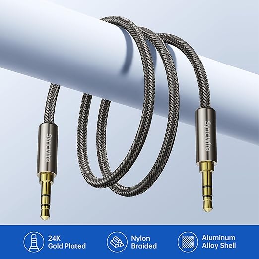 SYNCWIRE 3.5mm Nylon Braided Aux Cable (3.3ft/1m,Hi-Fi Sound), Audio Auxiliary Input Adapter Male to Male Cord for Headphones, Car, Home Stereos, Speaker, iPhone, iPad, iPod, Echo & More – Gold Brown