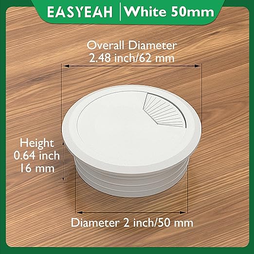 2 Pcs Desk Grommet 2" / 50 mm, Desk Cord Hole Cover, Cable Grommet ABS Plastic, Desk Hole Grommet for Home & Office Pc, Detachable Adjustable Cable Cord Organizer-White