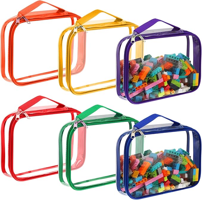 Sanwuta 6 Packs Toy Storage Bags, PVC Organizing Case Bags with Zipper, Waterproof Toy Container for Board Games, Building Blocks, Puzzles, Small Toys and Kids Books(Large,Bright Color)